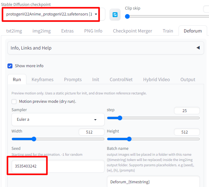 Deforum 설정 - 모델/씨드번호