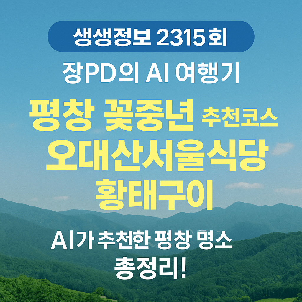 생생정보 2315회 장PD의 AI 여행기 평창여행 황태구이, 황태해장국 맛집 오대산서울식당, 평창올림픽시장, 메밀촌 수수부꾸미전문, 육마지기, 대관령 삼양라운드힐 (양몰이 개 공연)