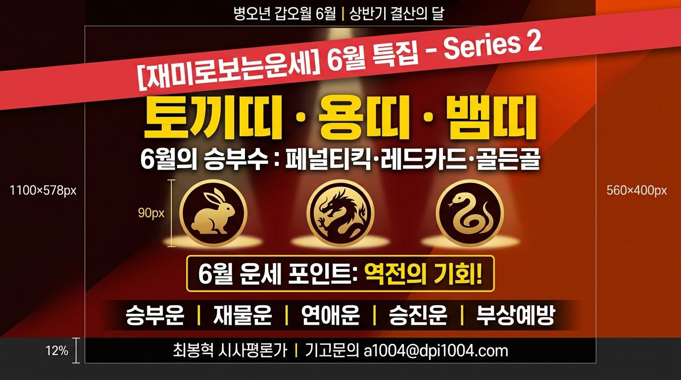 2026년 병오년 6월, 갑오월(甲午月)의 경기장에는 화(火)의 열기가 가득하다. 지난 1회차에서 쥐띠&middot;소띠&middot;호랑이띠의 전반전을 분석했다면, 이번 2회차에서는 토끼띠&middot;용띠&middot;뱀띠의 하프타임 전략을 스포츠 필드의 언어로 풀어본다.

본 기사는 오락&middot;참고 목적의 '재미로 보는 운세'이며, 과학적 근거와는 무관하다. 그러나 경기 전 라커룸에서 상대팀 분석을 하듯, 한 달의 흐름을 미리 스카우팅하는 것도 나쁘지 않다.

토끼띠 (1951&middot;1963&middot;1975&middot;1987&middot;1999&middot;2011년생)
6월 총운 ⭐⭐⭐☆☆ &mdash; "삼재 페널티 박스 안, 골키퍼의 선택"

토끼띠의 6월은 축구로 치면 삼재(三災)라는 이름의 페널티킥을 맞이하는 상황이다. 자리 이동, 직무 변경, 계약 변동 등 어디로 뛸지 결정해야 하는 순간이 연달아 온다. 골키퍼가 좌우를 미리 읽듯, 감정보다 데이터에 기반한 판단이 이 달의 승부를 결정한다.

사업운: 새 스폰서십 제안이 들어오는 것처럼 매력적인 계약 기회가 있으나, VAR(비디오 판독)처럼 꼼꼼한 리뷰가 필수다. 계약 조건의 '숨은 조항'을 놓치면 오프사이드에 걸릴 수 있다. 기존 팀(사업체)의 전력 보강에 집중하면 하반기 리그 후반전에서 역전을 노릴 수 있다.

연애운: 여러 명의 상대가 동시에 어프로치하는 '자유 에이전트 시장' 같은 달이다. 화려한 스펙보다 팀워크(가치관 일치)를 기준으로 선택하는 것이 장기 계약의 핵심이다. 커플은 서로의 포메이션(생활 패턴)을 재정비하는 전술 회의가 필요한 시기다.

승진운: 감독(상사)이 로스터를 바꾸는 시기와 맞물려, 본인의 포지션이 변경될 수 있다. 당장 익숙하지 않더라도 새 포지션에서의 적응력을 보여주면 시즌 종료 후 주전 확정이 유리해진다. 상반기 주요 기록(실적)을 하이라이트 릴처럼 정리해 두면 인사 평가에 강력한 무기가 된다.

건강운: 이동과 출장이 늘면서 '원정 경기 피로'가 누적된다. 장거리 운전 시 매 2시간마다 휴식을 취하고, 관절&middot;근육 스트레칭을 생활화하자. 아마추어 스포츠 동호회 활동 시 준비운동을 철저히 하고, 발목&middot;무릎 보호대를 착용하면 부상 위험을 크게 줄일 수 있다. 소화기 예민 증상에는 경기 전 가벼운 식사 습관이 도움된다.

토끼띠 6월 스포츠 개운법: 수영&middot;요가처럼 충격이 적은 운동이 최적. 경쟁 스포츠보다 자기 페이스 조절이 가능한 종목이 6월 컨디션 관리에 유리하다.

용띠 (1952&middot;1964&middot;1976&middot;1988&middot;2000&middot;2012년생)
6월 총운 ⭐⭐⭐☆☆ &mdash; "화기 과잉, 레드카드 직전의 주장"

용띠의 6월은 팀의 주장이 경고 누적으로 레드카드 직전에 놓인 상황과 같다. 카리스마 넘치는 플레이가 팀을 이끌지만, 과도한 태클(독단적 행동)은 퇴장으로 이어질 수 있다. 심판(조직)의 눈높이를 의식하며 냉정하게 경기를 운영해야 한다.

사업운: 대형 이적 제안(투자&middot;파트너십)이 들어오나, 의료 테스트(실사)를 통과하지 못할 제안도 섞여 있다. 화려한 타이틀보다 실제 전력 보강에 도움이 되는 딜인지 냉정하게 분석해야 한다. 부동산&middot;문서 관련 결정은 이적 시장 마감(7월)까지 기다리는 것이 안전하다.

연애운: 스타 플레이어처럼 팬(이성)의 관심이 쏟아지지만, 매 경기 100% 전력 투구하면 상대도 지치고 본인도 지친다. 연애도 시즌 관리가 필요하다. 싱글은 스포츠 관람, 피트니스, 러닝 크루 등 활동적 만남에서 시너지가 좋은 인연을 만날 수 있다.

승진운: 감독이 전술 변화를 모색하는 시기다. 주전 자리를 유지하려면 팀 플레이(협업)와 어시스트(동료 지원) 기록을 쌓는 것이 득점(개인 성과)보다 효과적이다. 인사 발표에 동요하지 않고 꾸준한 훈련(업무 성실도)을 보여주면 시즌 MVP 후보에 오를 수 있다.

건강운: 화기 과잉은 '열사병 경보'와 같다. 야외 운동 시 오전 10시 이전이나 오후 5시 이후 시간대를 선택하고, 수분 보충은 30분 간격으로 실시하자. 심혈관 건강을 위해 고강도 인터벌보다 중강도 유산소 운동이 6월에는 더 적합하다. 두통&middot;어지러움 증상이 반복되면 '경기 중 교체'처럼 즉시 휴식을 취해야 한다.

용띠 6월 스포츠 개운법: 골프&middot;볼링 등 정밀한 컨트롤이 요구되는 종목이 과열된 에너지를 차분하게 다스리는 데 효과적이다.

뱀띠 (1953&middot;1965&middot;1977&middot;1989&middot;2001&middot;2013년생)
6월 총운 ⭐⭐⭐⭐☆ &mdash; "골든골 직후, 챔피언의 리커버리 타임"

뱀띠의 5월은 사오합(巳午合)이라는 이름의 결승 골든골을 터뜨린 달이었다. 6월은 그 환희의 여운 속에서 체력을 회복하고, 다음 시즌(하반기)을 대비하는 '챔피언의 오프시즌'이다. 트로피를 들어올린 직후라도 훈련을 멈추면 다음 시즌에 추락할 수 있다.

사업운: 5월의 결승골(핵심 성과)이 6월에 공식 기록으로 확정된다. 특히 65년생 을사(乙巳)생은 MVP급 금전 호재가 이어지는 흐름이다. 그러나 새로운 토너먼트(사업 확장)에 바로 출전하기보다, 기존 성과를 시스템화하고 팀(조직)의 전력을 안정시키는 것이 현명하다. 77년생은 화(火)가 세 겹으로 겹치는 '불볕 더비' 상황이므로 과욕을 경계해야 한다.

연애운: 우승 트로피를 든 선수처럼 매력이 정점에 달해 이성의 관심이 쏟아진다. 그러나 인기에 취해 여러 사람과 동시에 경기를 뛰면 체력(감정)이 방전된다. 1:1 매치에서 깊이 있는 플레이를 펼치는 것이 장기적으로 유리하다. 커플은 함께 스포츠 관람이나 액티비티 여행으로 관계에 새로운 에너지를 충전하기 좋은 달이다.

승진운: 전술 분석관처럼 데이터 기반 기획력이 빛나는 시기다. 창의적 전략이나 혁신적 프로젝트에서 두각을 나타낼 수 있다. 다만 체력 저하가 프레젠테이션 퀄리티를 떨어뜨릴 수 있으니, 중요한 피칭은 컨디션이 최상인 날에 배치하자. 팀 동료에게 어시스트를 나눠주는 모습이 감독(상사)에게 깊은 인상을 남긴다.

건강운: 골든골 이후의 '시즌 후 피로'가 한꺼번에 밀려오는 달이다. 심장&middot;순환기 건강 체크가 최우선이며, 카페인&middot;알코올 섭취를 줄이고 수분을 충분히 보충해야 한다. 6월은 고강도 훈련보다 리커버리 세션(스트레칭&middot;폼롤러&middot;마사지)에 더 많은 시간을 배분하는 것이 전략적이다. 충분한 수면(7시간 이상)이야말로 최고의 회복 장비다.

뱀띠 6월 스포츠 개운법: 필라테스&middot;수중 운동 등 저충격&middot;고효율 종목이 피로 회복과 심폐 기능 유지를 동시에 돕는다.

최봉혁 시사평론가ㅣ기고문의 a1004@dpi1004.com

#스포츠운세 #2026년6월운세 #띠별운세 #토끼띠운세 #용띠운세 #뱀띠운세 #병오년갑오월 #사업운 #연애운 #승진운 #건강운 #하반기운세 #재미로보는운세 #스포츠피플타임즈 #삼재 #사오합 #골든골