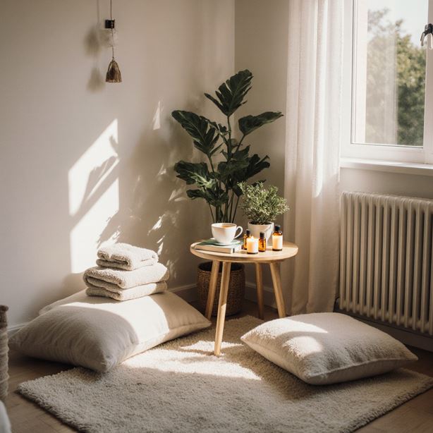 따뜻한 간접조명이 비치는 거실의 한 구석을 스파처럼 꾸민 나만의 힐링 공간의 모습.
바닥에는 부드러운 러그와 쿠션들이 배치되고, 작은 테이블 위에 향초와 에센셜오일, 수건들이 정갈하게 놓여 있다.