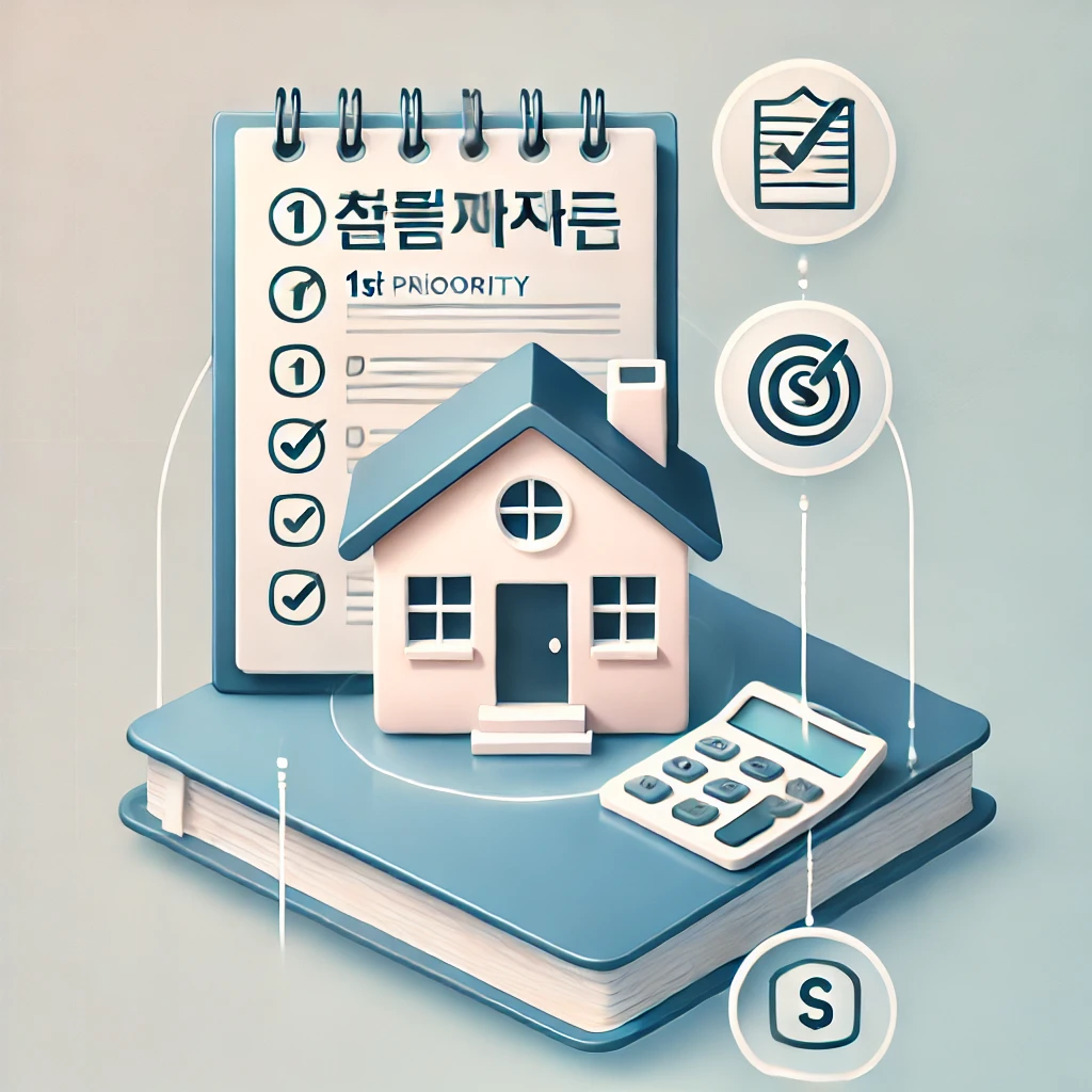 주택청약 1순위 조건을 강조하는 체크리스트, 주택, 청약통장, 계산기가 포함된 깔끔하고 현대적인 썸네일.