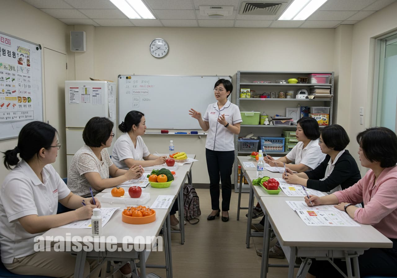식생활 교육 수업 장면을 따뜻한 일러스트로 표현한 그림