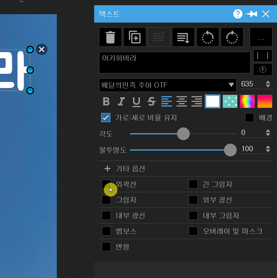 포토스케이프X 글자 입력 방법 - 외곽선 선택