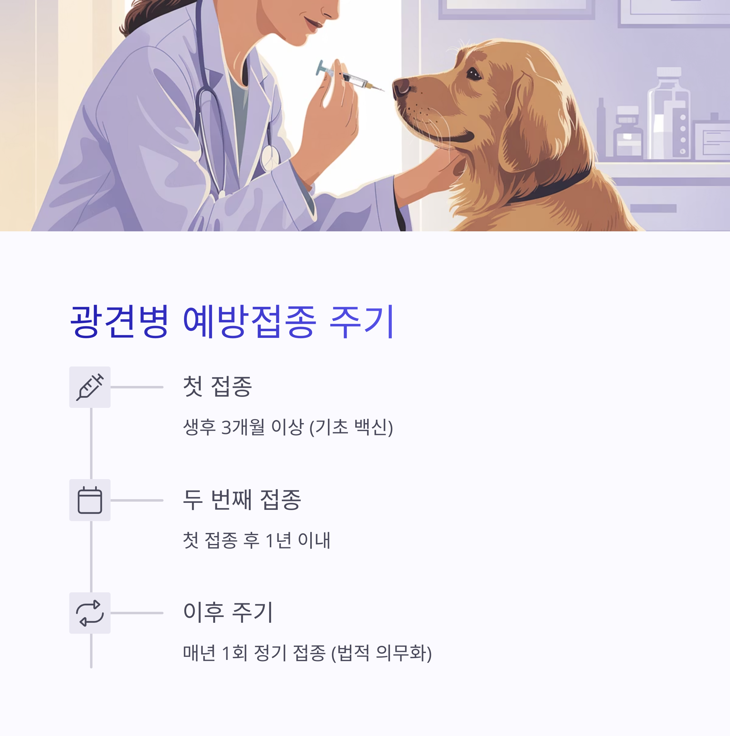 수의사가 개에게 광견병 예방접종을 하는 모습과 함께 '광견병 예방접종 주기'에 대한 정보가 포함된 이미지