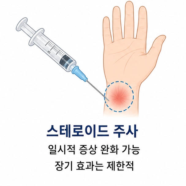 손목터널증후군 스테로이드 주사는 일시적인 증상 완화가 가능하지만 장기 효과는 제한적임을 설명한 이미지
