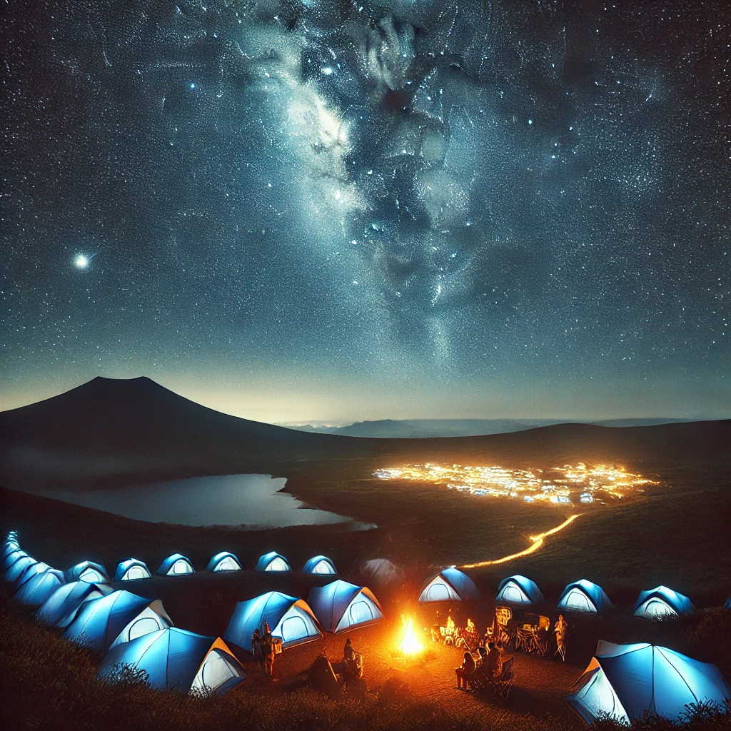제주도의 밤하늘 아래 반짝이는 별빛과 캠핑장의 아늑한 불빛이 어우러진 모습