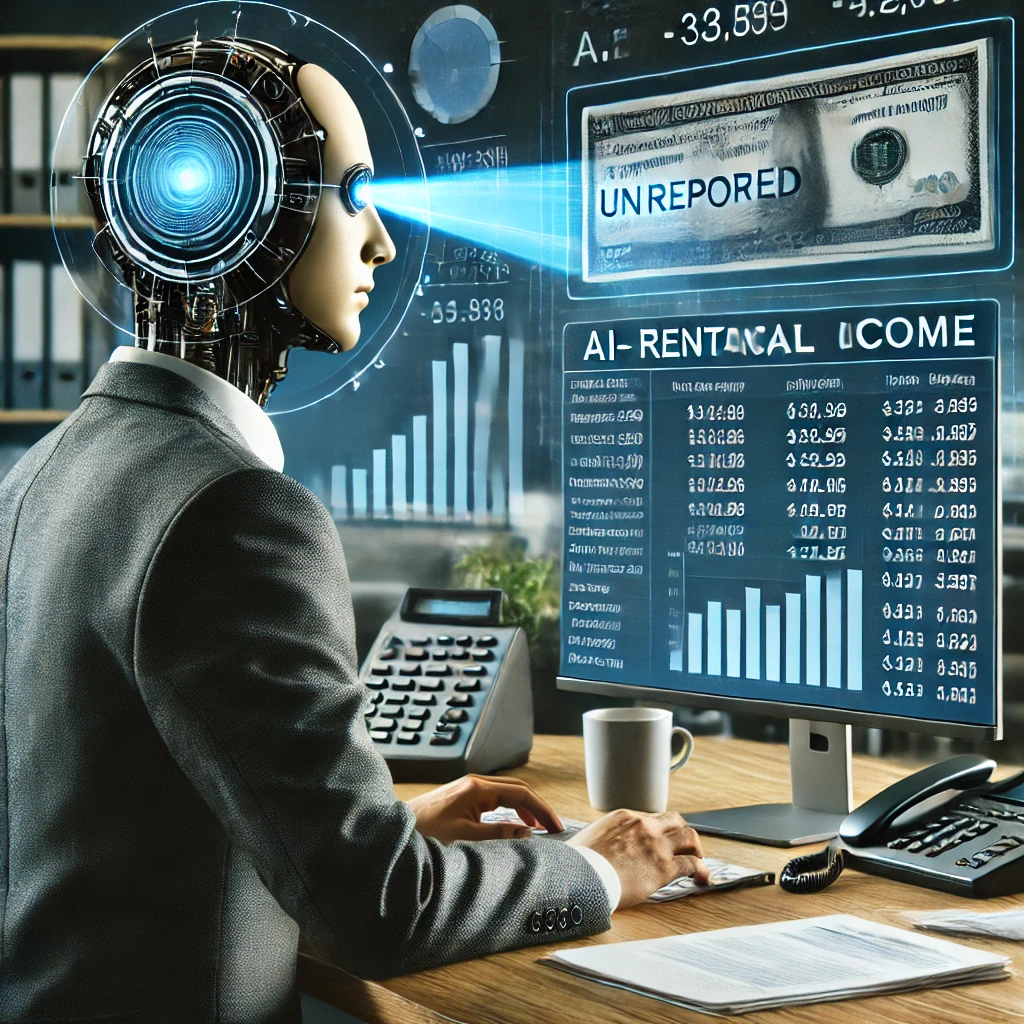 세무 공무원이 AI 기반 세금 추적 프로그램을 검토하며 미신고 소득을 확인하는 모습