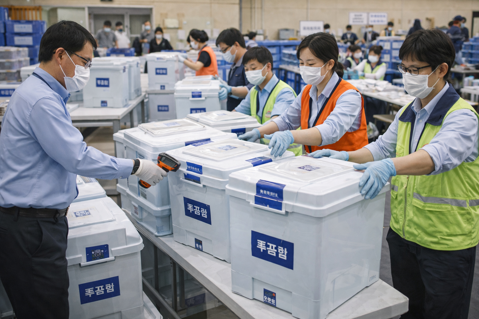 개표소에서 투표함을 접수하고 분류하는 장면