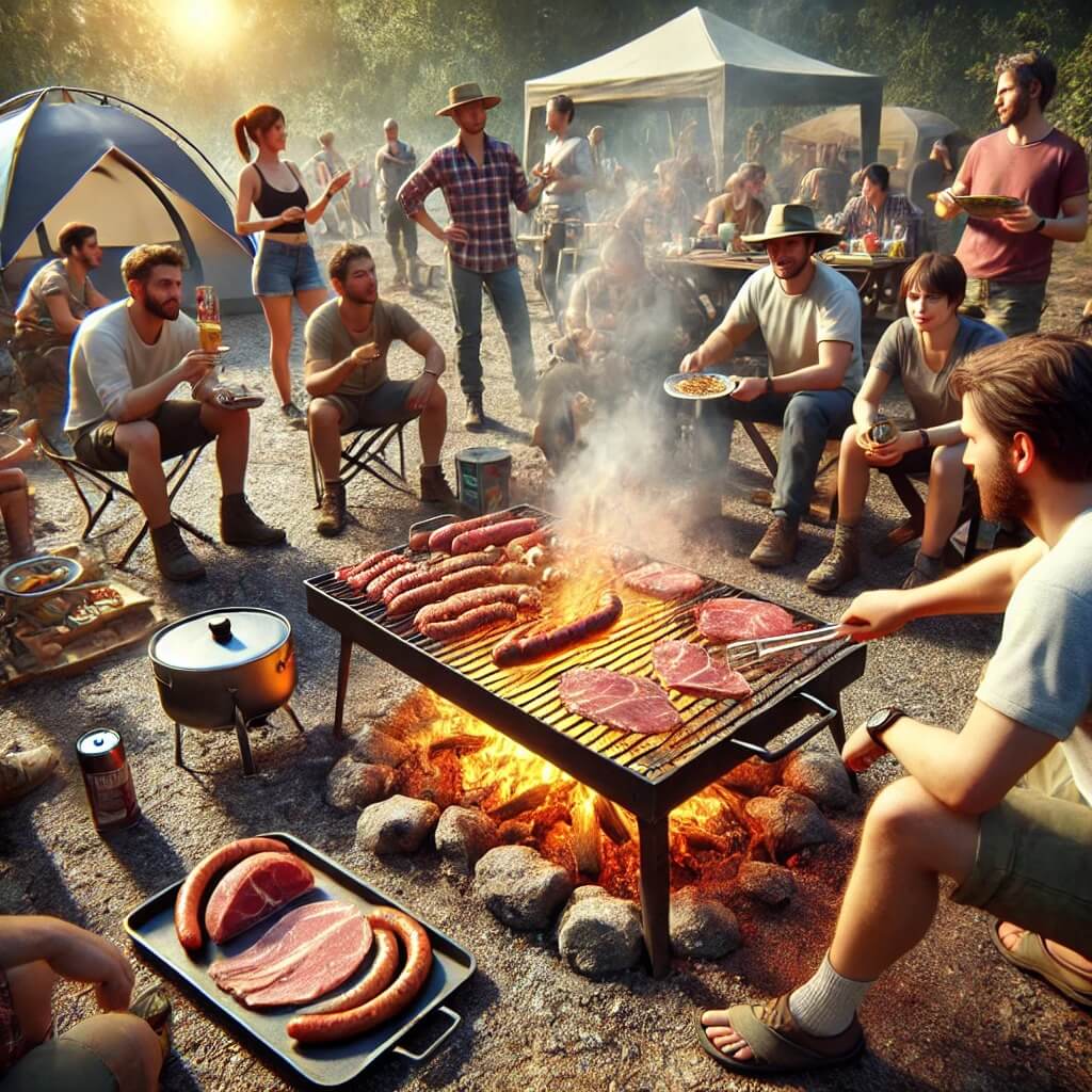 캠핑하면서-고기-가공육-섭취하는-사람들