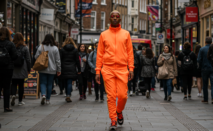 형광색 옷을 입고 자신감 있게 거리를 걷는 사람 이미지