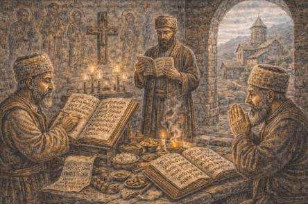 코카서스 남부 우디족이 고대 종교 언어로 기도문을 낭송하는 장면과 석조 교회 내부의 제의 전통을 묘사한 역사적 그림