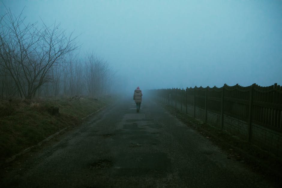 A lone person walking down a foggy street at night, surrounded by eerie and calm atmosphere.