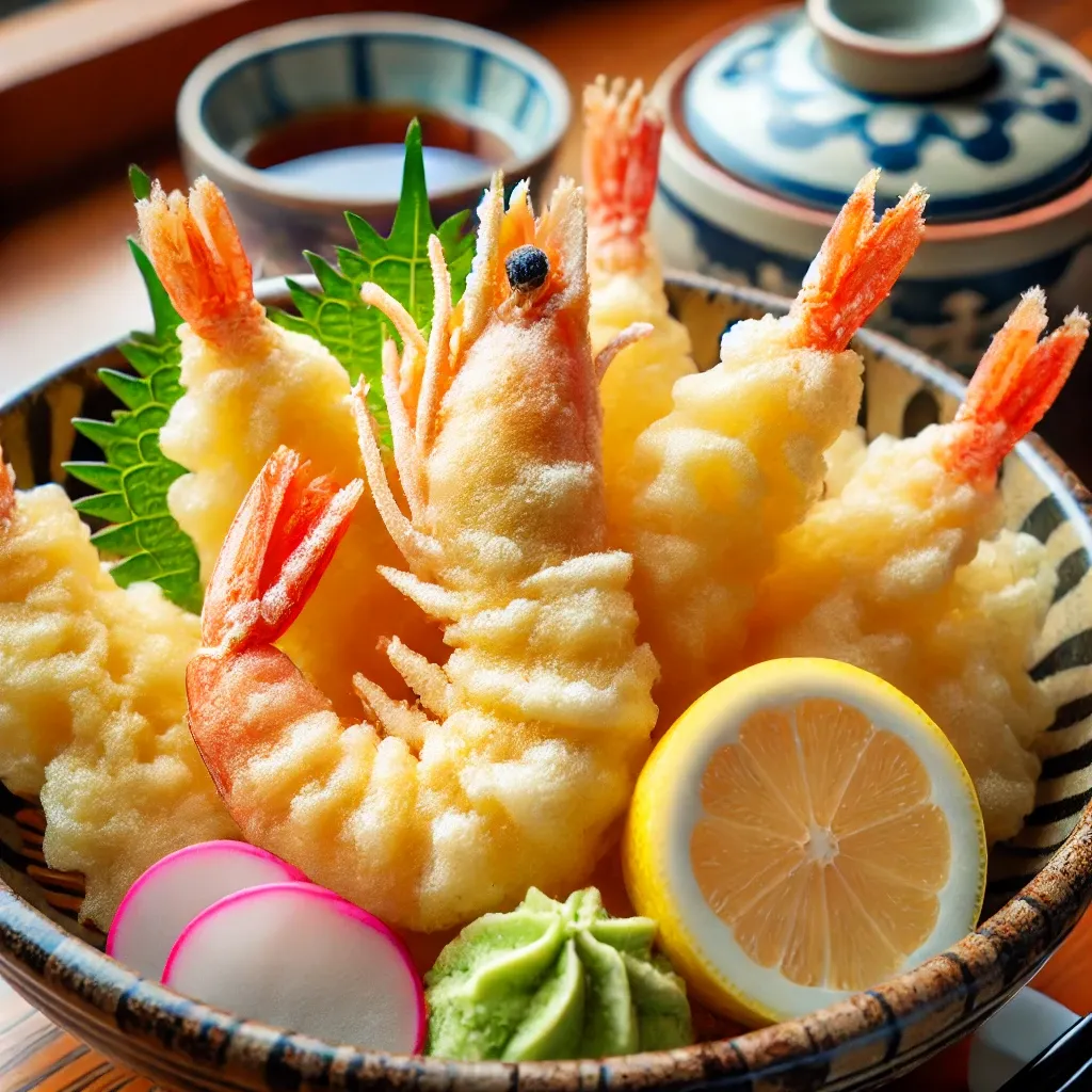 바삭하게 튀겨진 새우와 채소 튀김이 담긴 접시의 근접 사진. 얇은 튀김 옷과 곁들인 레몬과 무 간장이 보임.