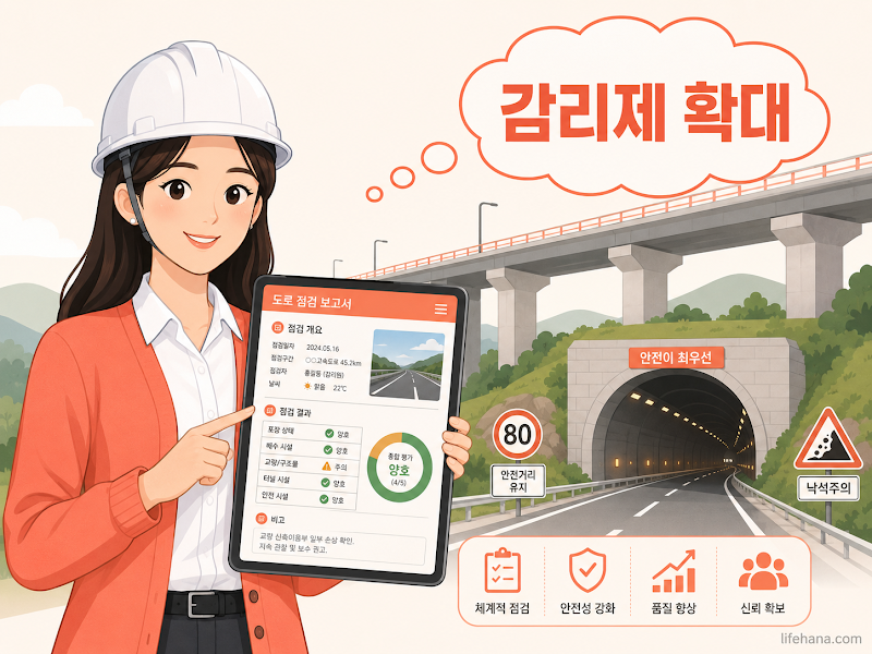 도로 공사 현장 배경에서 도면을 검토하는 따뜻한 코랄 톤의 감리원 인포그래픽