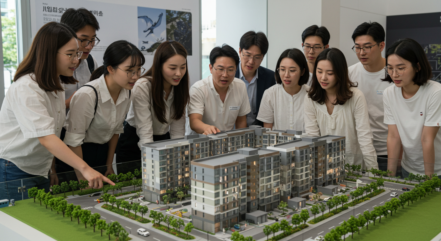 재건축 모델을 바라보는 사람들 사진