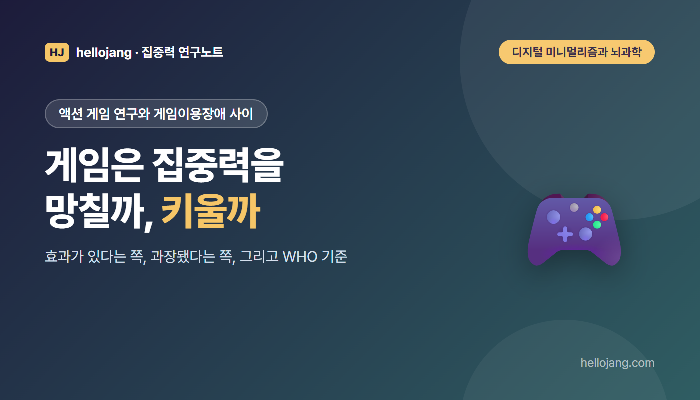 게임이 집중력을 망치는지 키우는지를 액션 게임 메타분석, 반론 연구, WHO 게임이용장애 기준으로 나눠 살펴보는 글의 표지 그림