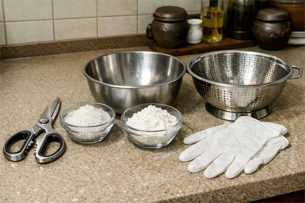 주꾸미 손질 전에 가위와 굵은소금, 밀가루, 볼, 채반을 준비한 주방 장면