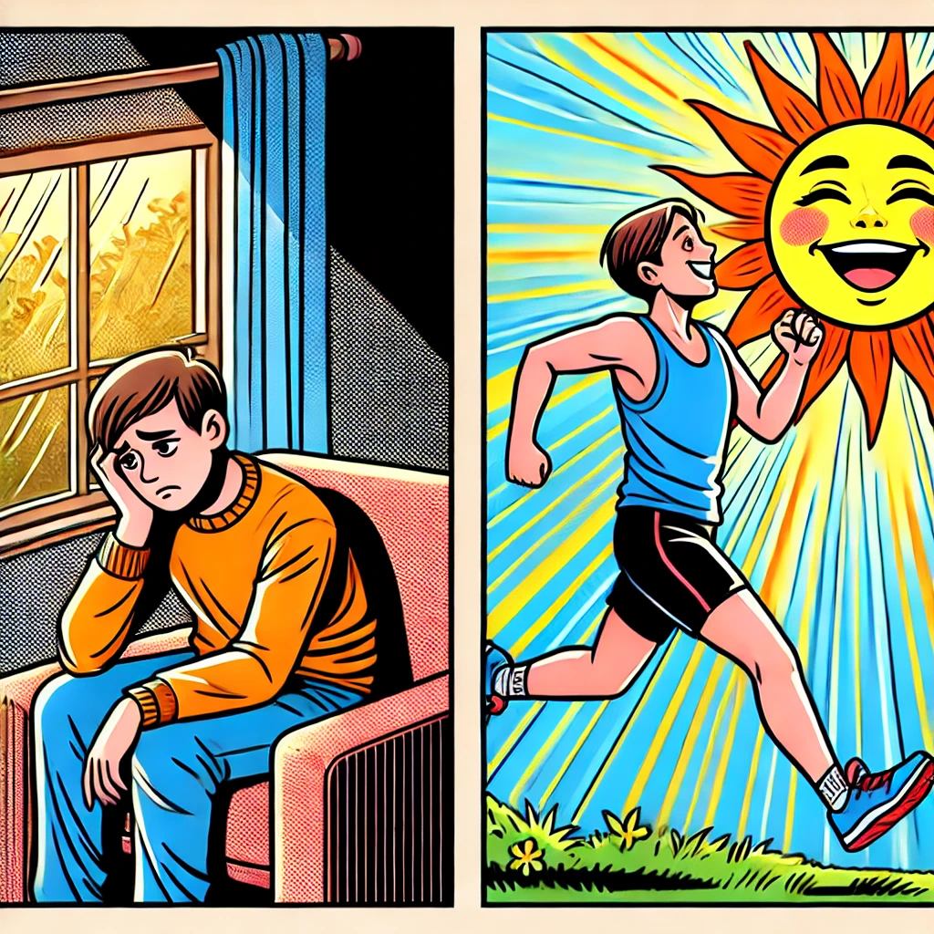 우울했던 한남자가 햇빛을 보고 러닝을 하며 우울증 극복하려는 모습