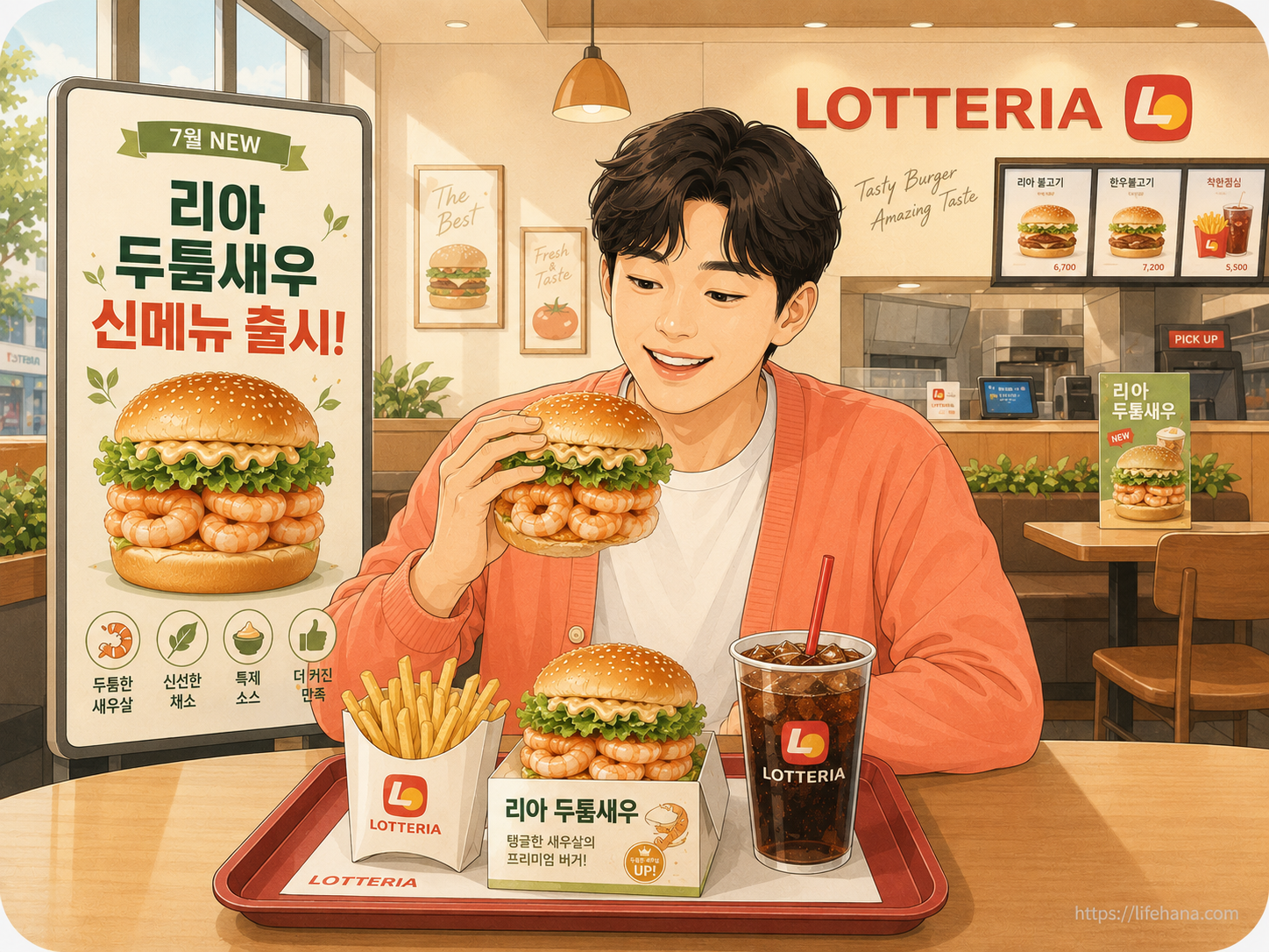 롯데리아 매장 정면에 붙은 리아 두툼새우 광고 포스터와 실제 주문한 버거 세트의 전체적인 비주얼 사진