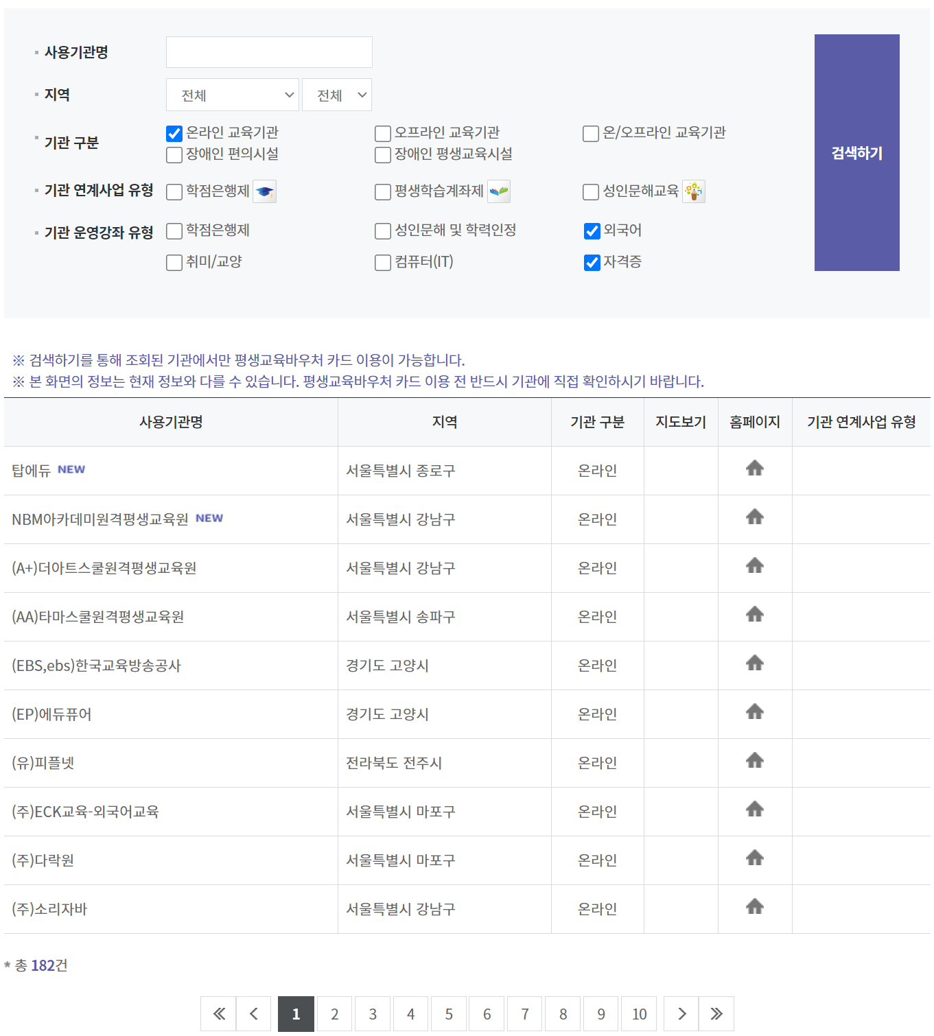 평생교육바우처 사용기관 및 사용처