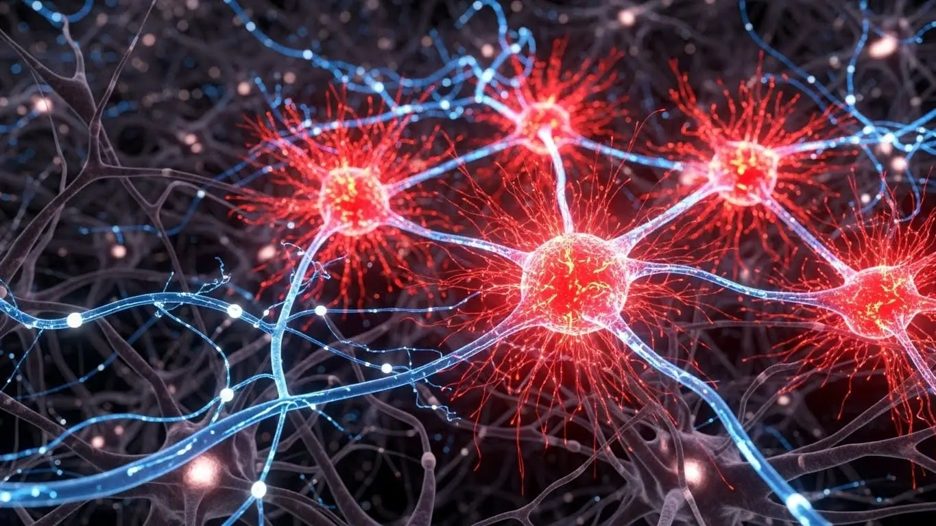 뇌의 도파민 보상 회로에서 과도하게 활성화된 신경 신호를 보여주는 추상적인 이미지, 도박 중독으로 인한 뇌 기능 변화를 상징.