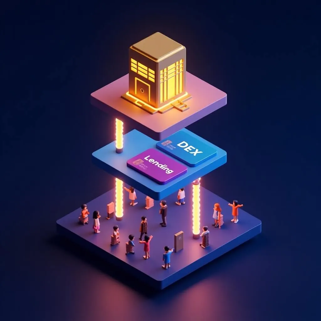 RWA에서 디파이로 흐르는 3단계 타워 인포그래픽. 상단에 황금색 금고 건물(토큰화된 국채), 중단에 네온 핑크와 블루로 빛나는 RWA·DEX 서비스 카드, 하단에 투자자들이 정렬되어 있음. 수직 흐름을 보여주는 아이소메트릭 3D 일러스트 (RWA to DeFi flow tower infographic)