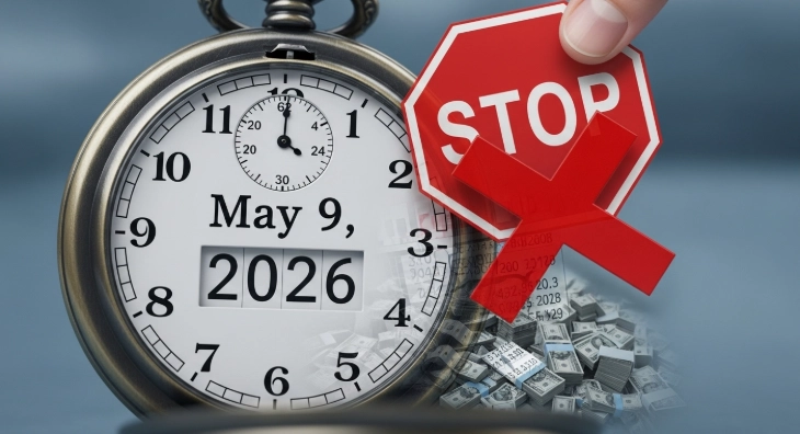 달력의 2026년 5월 9일 날짜에 표시된 일시정지 기호가 곧 해제되어, 그 아래에 복잡한 세금 계산서가 드러나는 이미지로, 양도세 중과 유예 종료를 표현.