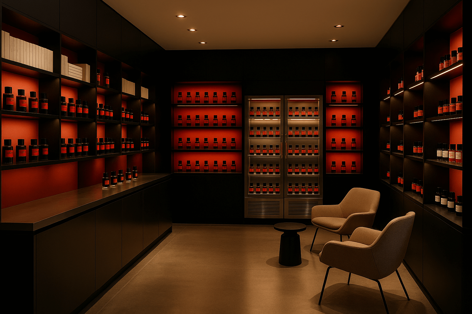 현대적인 서재에서 영감을 받은 고급 향수 부티크 내부 전경. 검정과 붉은색이 조화를 이루는 인테리어에, 미니멀한 선반과 스테인리스 스틸 포인트가 더해져 세련된 분위기를 자아낸다. 향수병들은 와인 셀러처럼 냉장 진열되어 있으며, 부드러운 따뜻한 조명 아래 폴리시드 콘크리트 바닥과 라운지 체어가 어우러져 아늑하고 예술적인 감성을 연출한다.