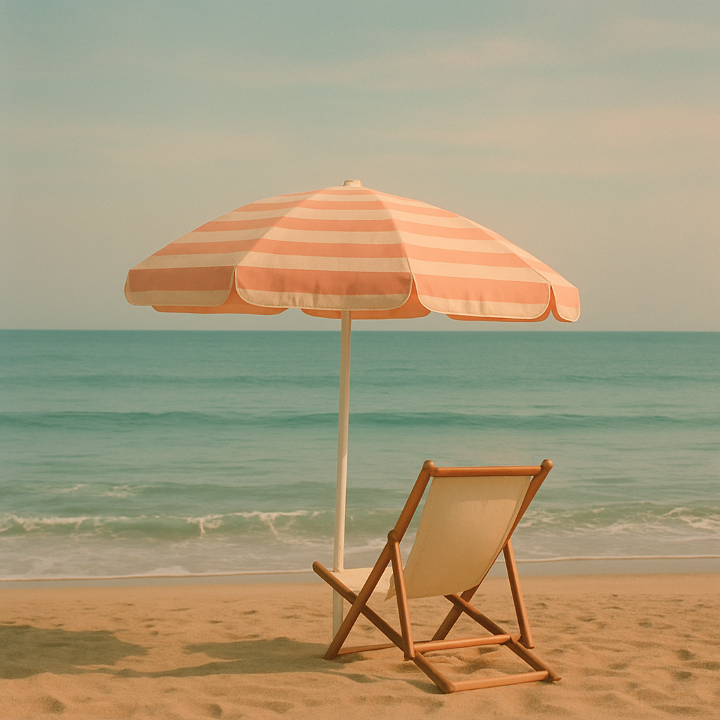 챗지피티 그림으로 영상 만들기 (AI 이미지 → AI 영상), 여름 바닷가에 세워진 파라솔과 의자, 잔잔한 파도, 아련한 색감