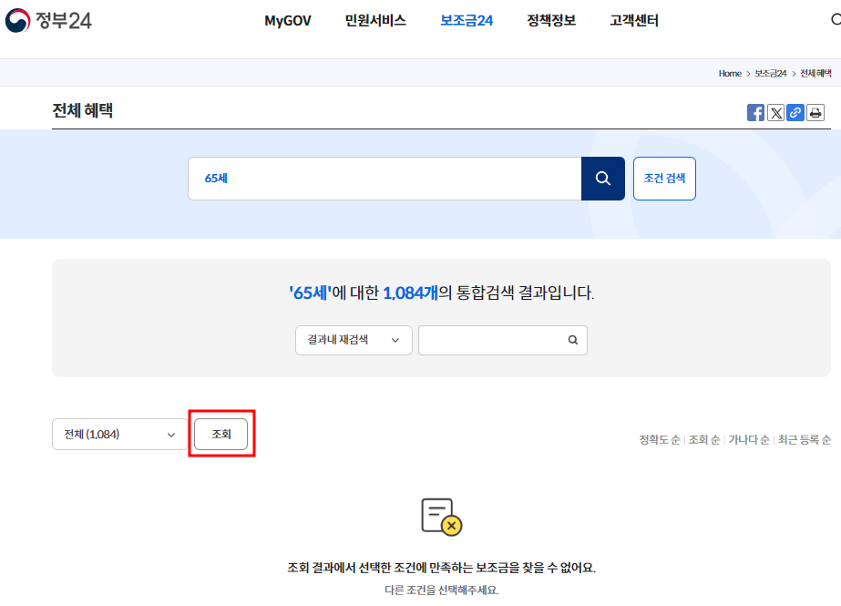 정부24 65세 검색화면