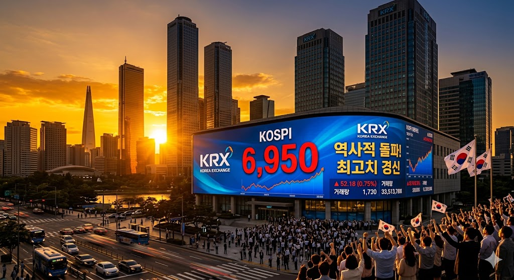 한국거래소(KRX) 대형 전광판에 'KOSPI 6,950' 돌파 숫자가 선명하게 찍혀 있고, 배경으로 여의도 마천루가 황금빛으로 물든 모습