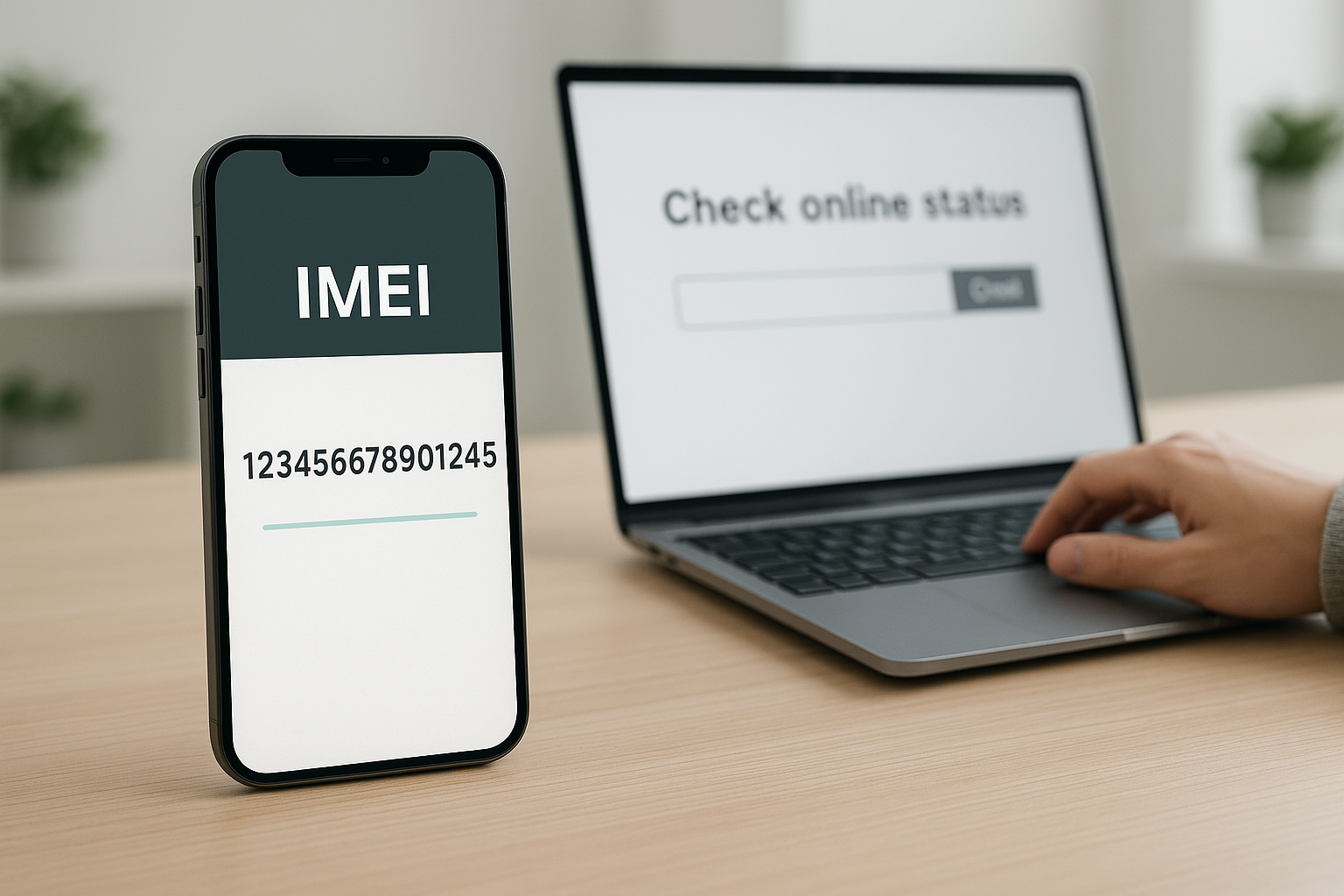 스마트폰 화면에 IMEI 번호가 표시되어 있고&amp;#44; 그 옆에서 노트북으로 온라인 상태를 확인 중인 인물&amp;#44; 깔끔하고 현대적인 작업 공간