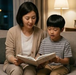 책을 보며 함께 이야기 나누는 모습