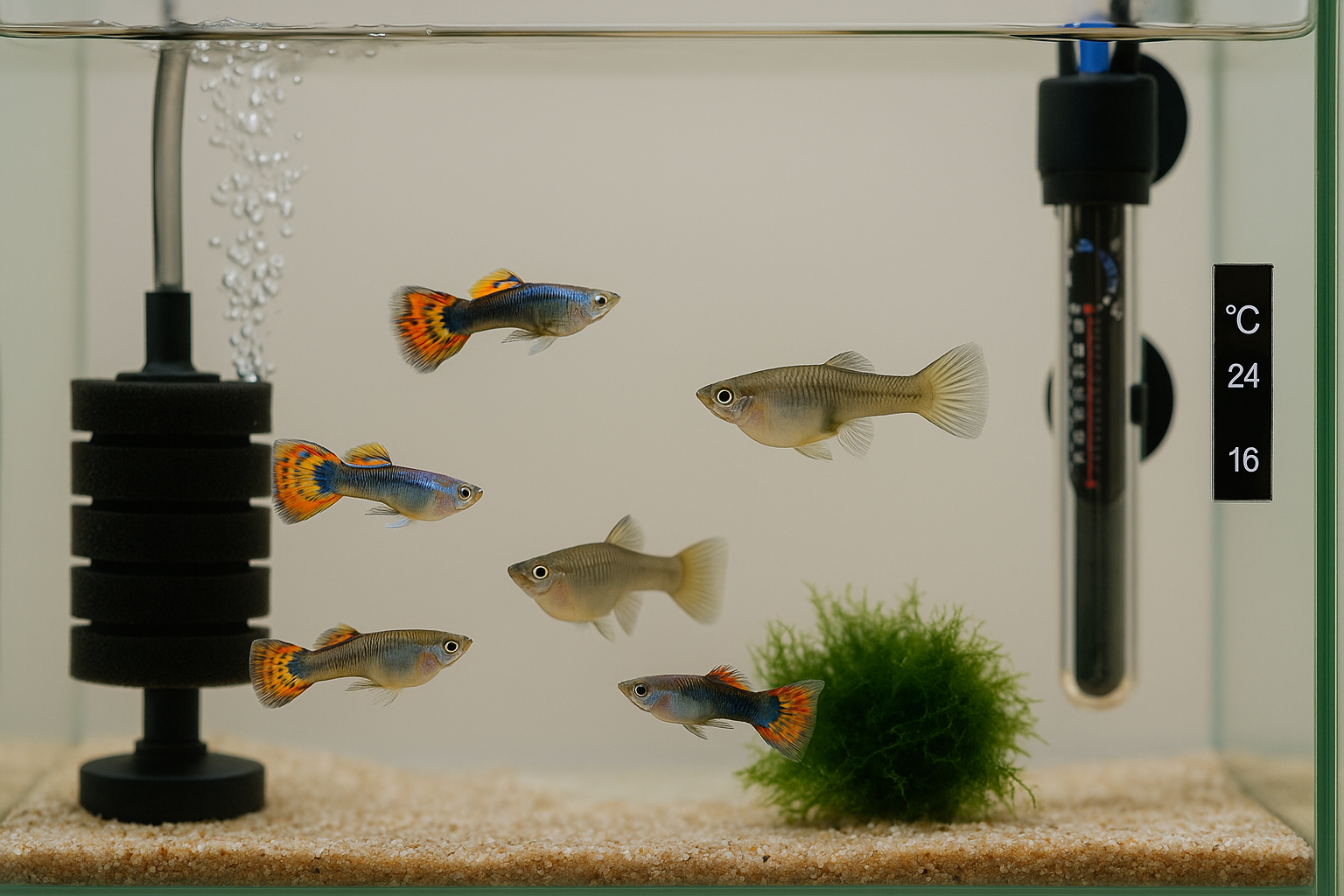 스펀지여과기, 히터, 온도계가 보이는 30L 가정용 어항에서 구피들이 유영하는 최소 장비 세팅 예시