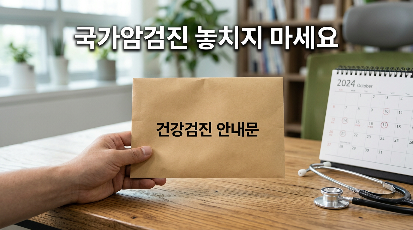 국가암검진 안내문을 들고 있는 손과 청진기 사진