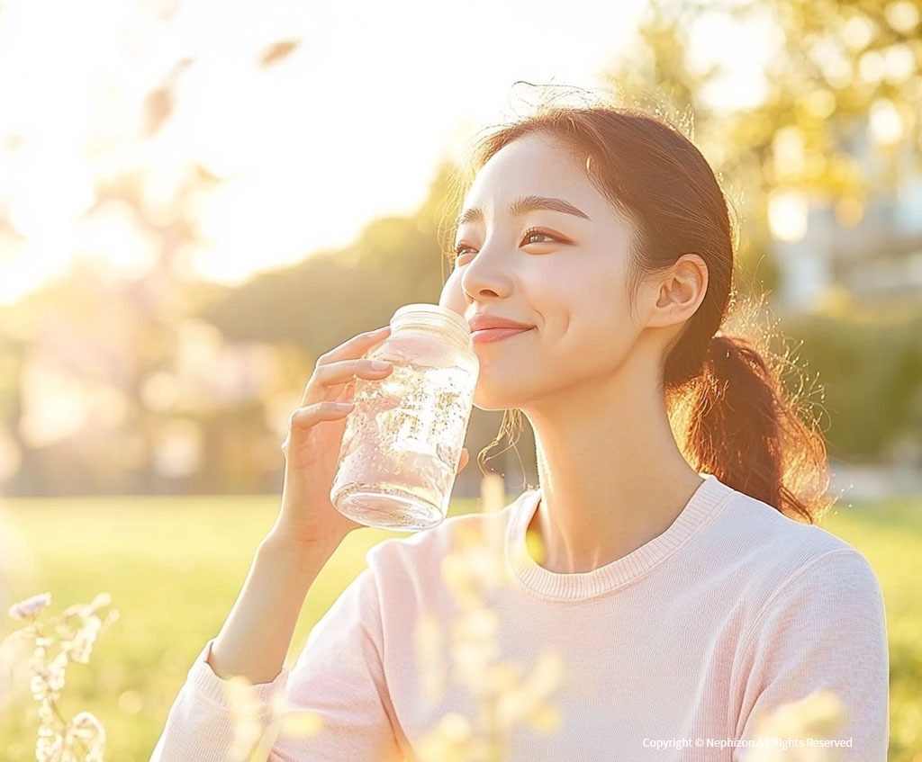 햇살 아래에서 생수를 마시며 휴식중인 한국 여성의 모습