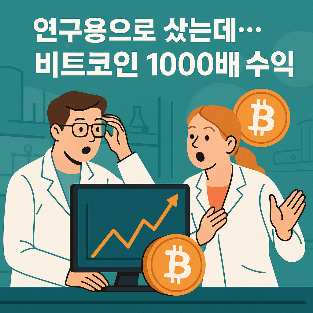 두 명의 서양 연구원이 모니터 속 비트코인 상승 그래프를 보고 놀라는 장면의 평면 일러스트. 화면 주변과 배경에 금색 비트코인 아이콘이 강조되어 있으며, 청록색과 주황색이 조화된 따뜻한 색감.