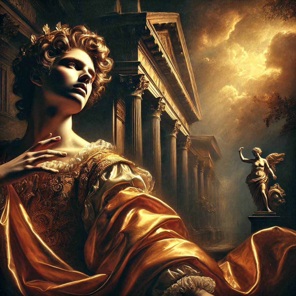 바로크 미술 특유의 극적인 명암, 감정 표현, 고전적 배경이 잘 반영된 장면 이미지