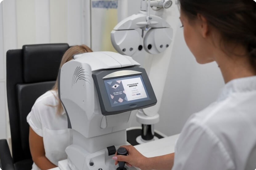 눈 검사를 받고 있는 여성