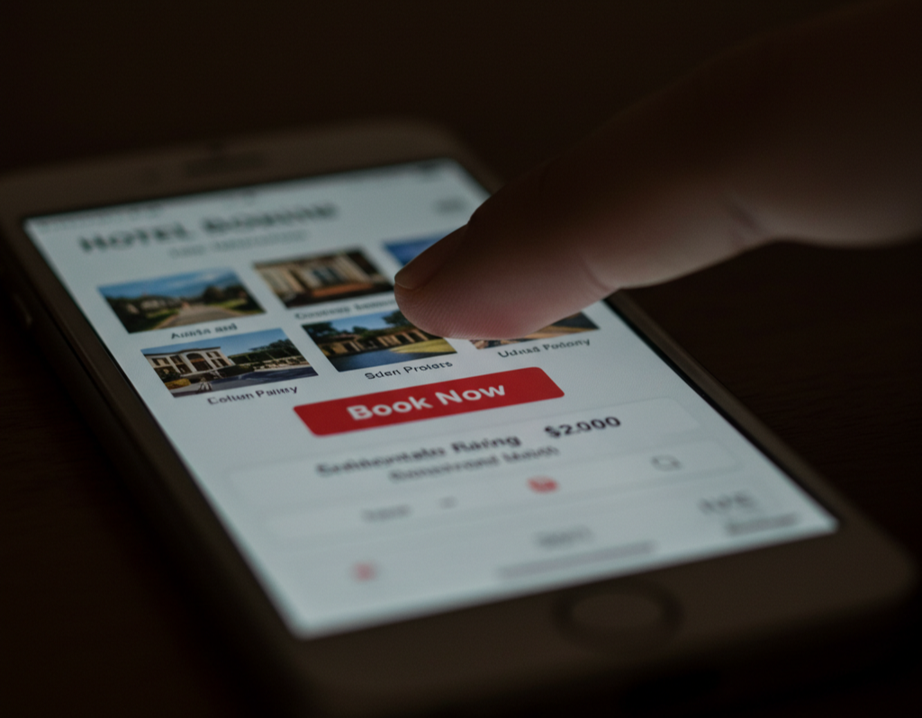 핸드폰을 통한 호텔을 예약중이다