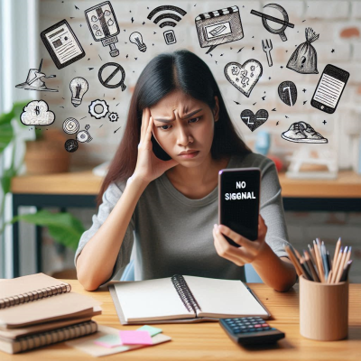 인터넷 연결이 끊겨 답답해하는 여성