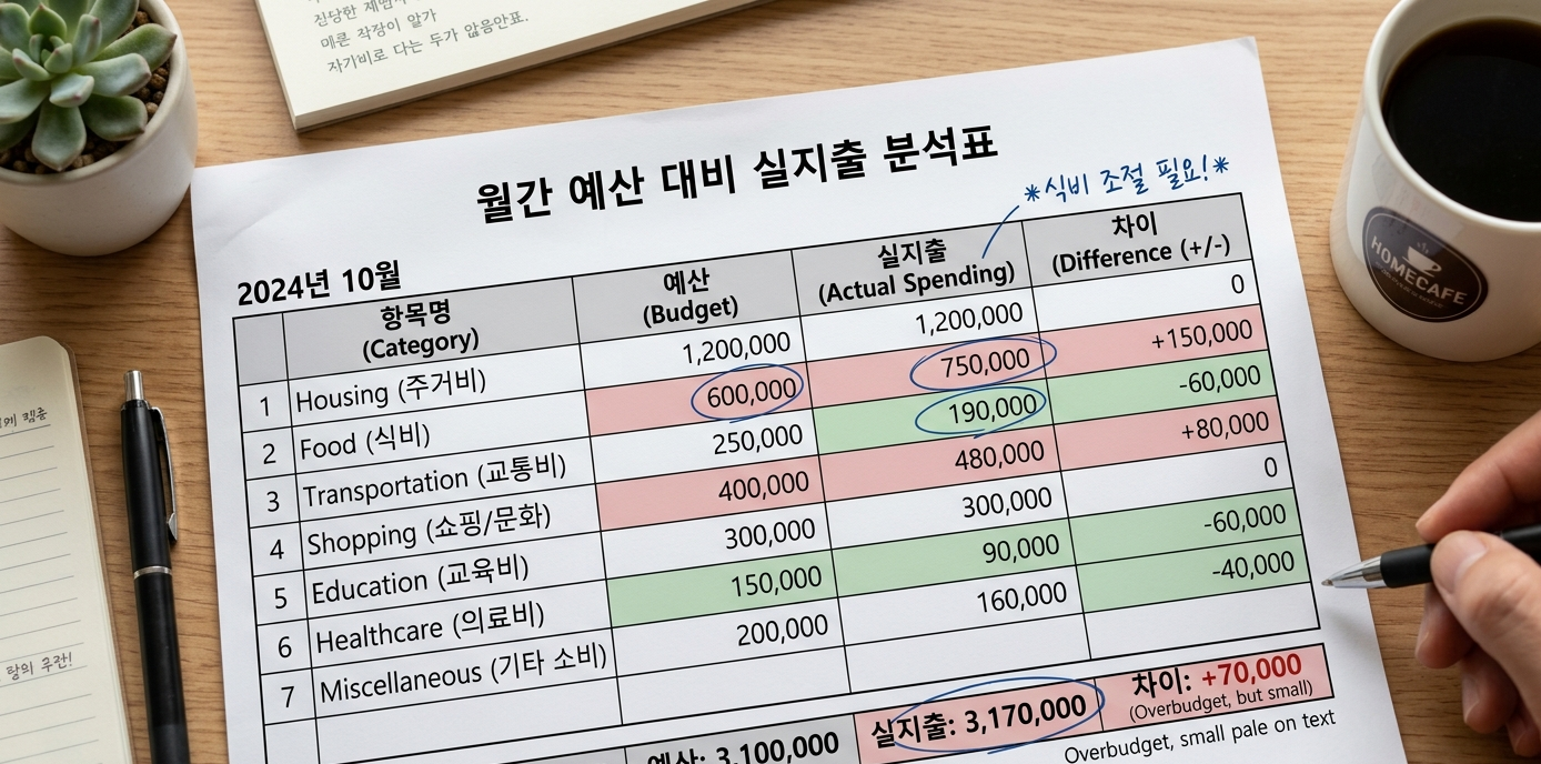 월별 예산 대비 실지출 차이를 항목별로 정리한 생활비 분석표 예시