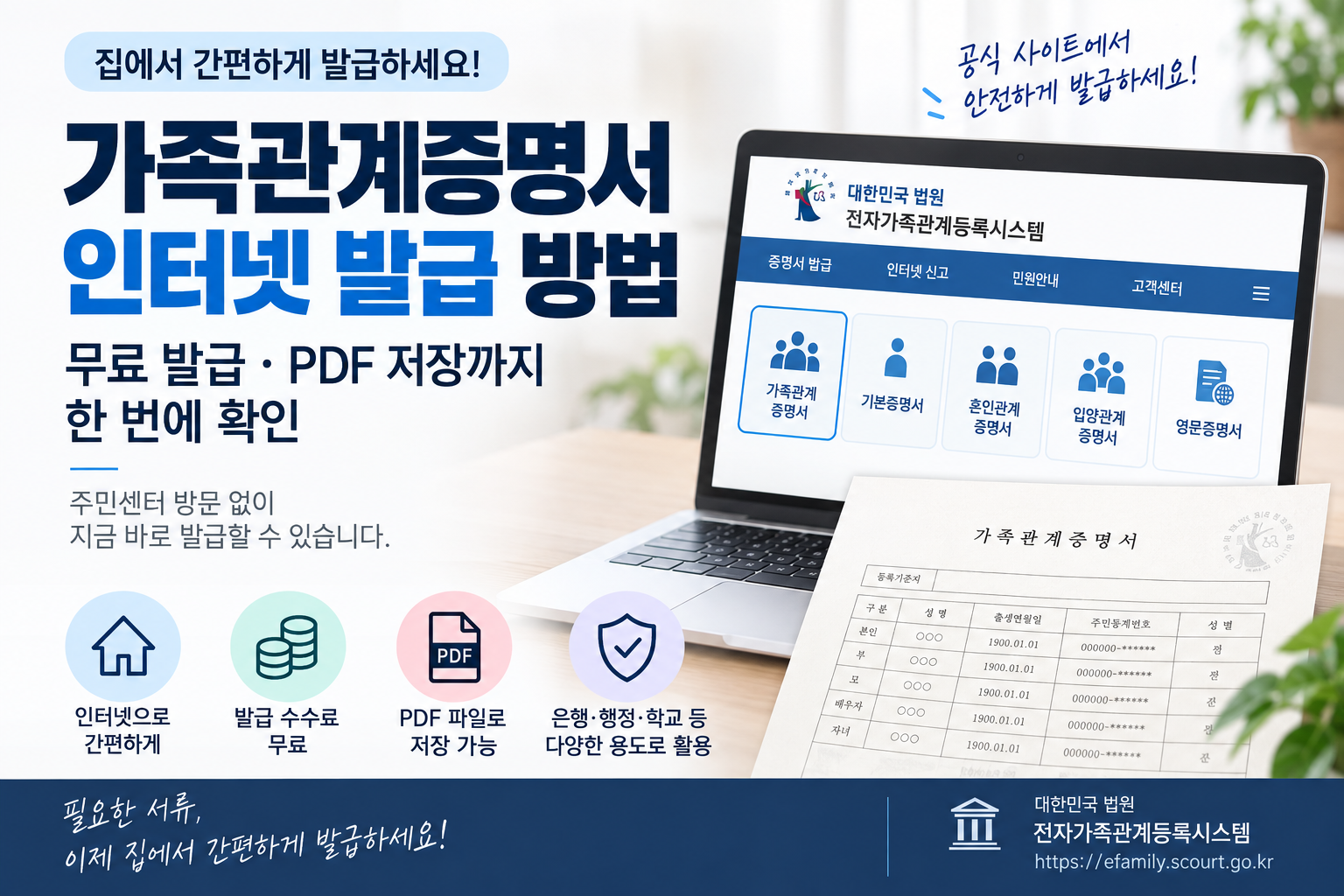 가족관계증명서 인터넷 발급 방법과 무료 발급 및 PDF 저장 절차를 정리한 안내 이미지