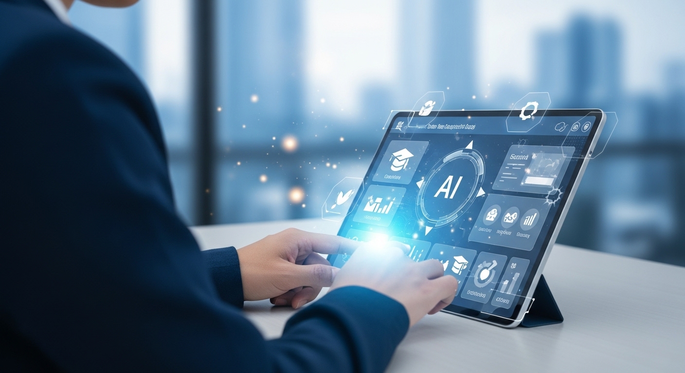 개인이 태블릿으로 AI 도구를 활용하고 교육 콘텐츠를 학습하며 AI 시대에 지속적으로 성장하는 모습을 담은 이미지.