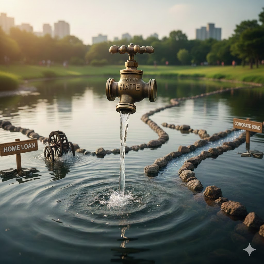 해돋이가 보이는 고요한 연못 중앙에 "THE RATE"라고 새겨진 크고 낡은 놋쇠 수도꼭지가 맑은 물을 연못으로 쏟아내고 있습니다. 수도꼭지에서 두 개의 구불구불한 돌길이 나타나 개별적인 물줄기를 만듭니다. 한 물줄기는 작은 나무 물레방아와 "HOME LOAN"이라고 쓰인 표지판으로 이어집니다. 다른 물줄기는 연못 오른쪽에 있는 "CORPORATE BOND"라고 쓰인 표지판을 향해 흐릅니다. 배경에는 푸른 나무와 멀리 떨어진 도시 건물이 밝고 맑은 하늘 아래 보입니다.