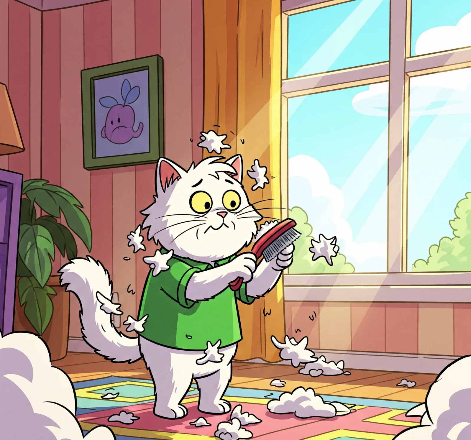 휘날리는 털로 난감해하는 고양이 그림, Illustration of a cat in trouble with flying fur