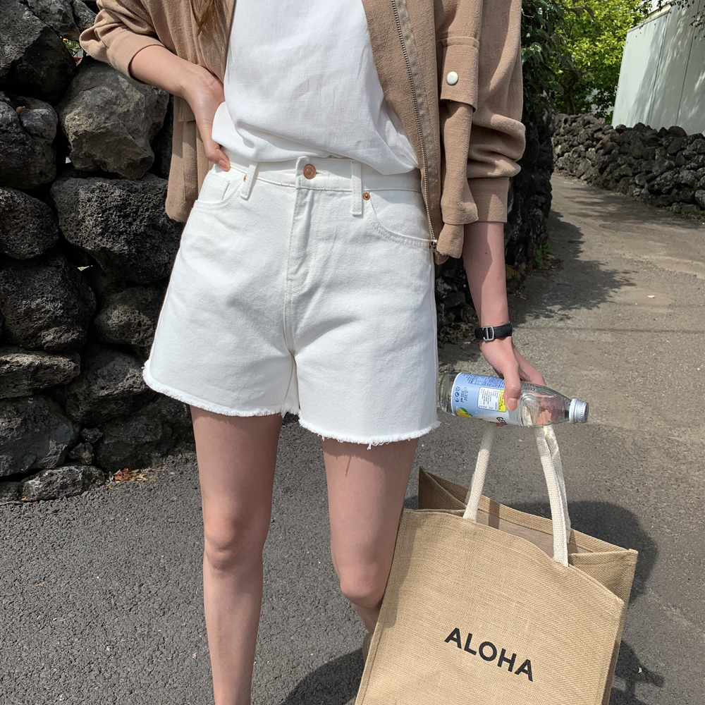 하이웨스트진 찢어진 화이트 진 데님 여성 청 반바지 4부 얇은 세미와이드 여성여름청바지