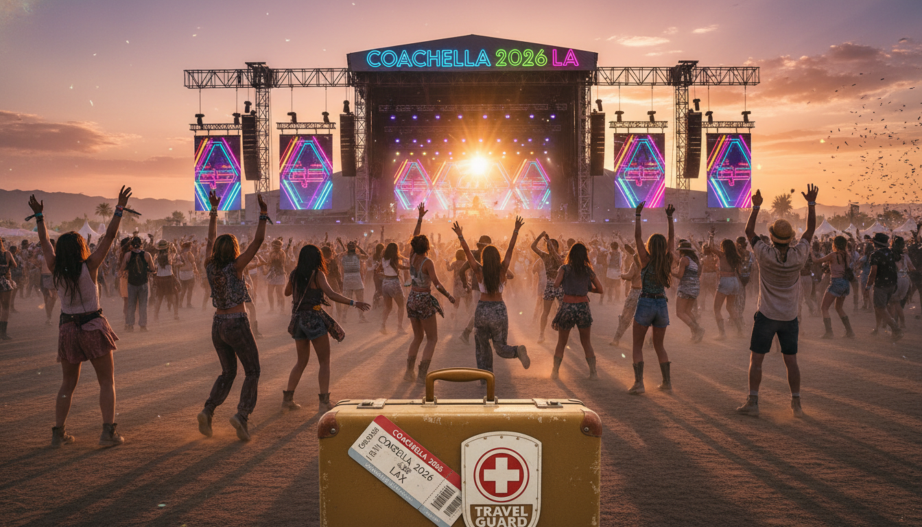 2026 코첼라 페스티벌 사막 무대와 여행 캐리어, 그리고 든든한 여행자 보험 방패가 어우러진 이미지