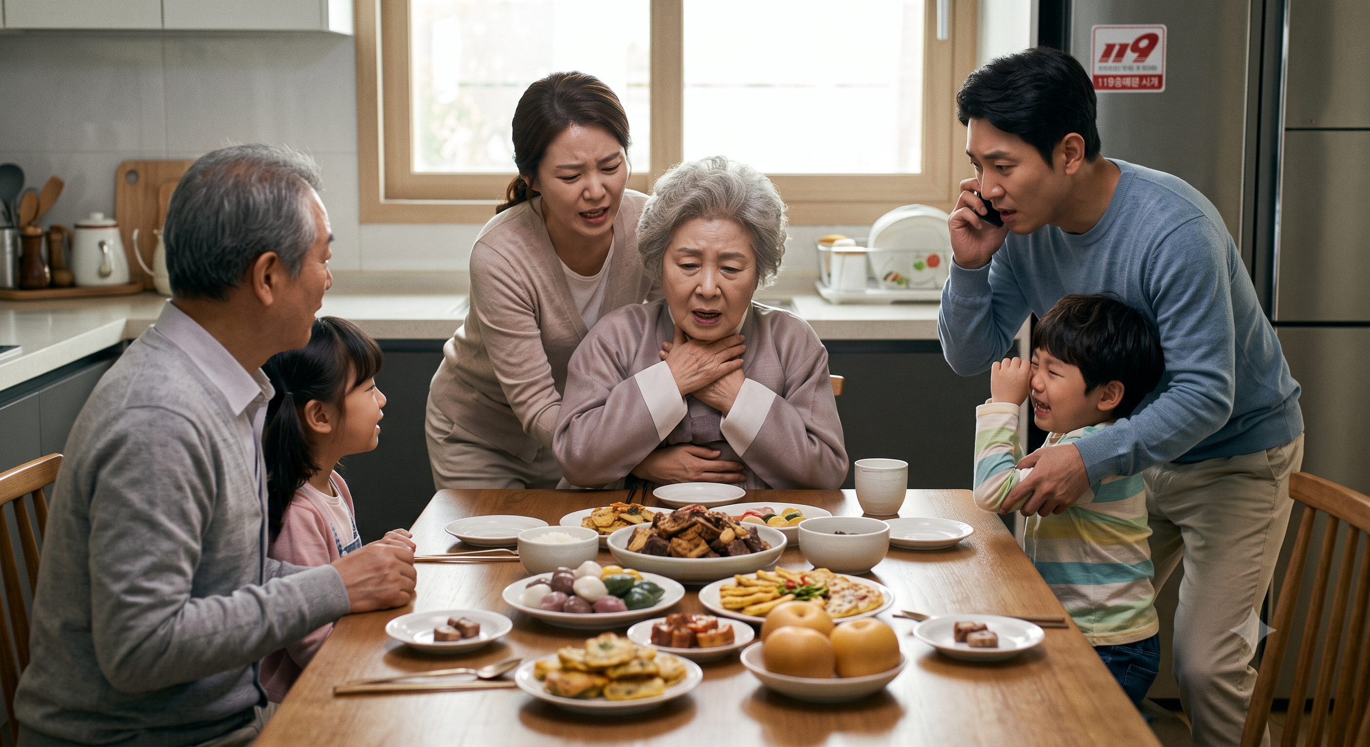 명절 식사 중 송편이 목에 걸린 어르신이 고통스러워하고 가족들이 당황하며 119에 신고하고 응급처치를 시도하는 긴박한 기도폐쇄 상황