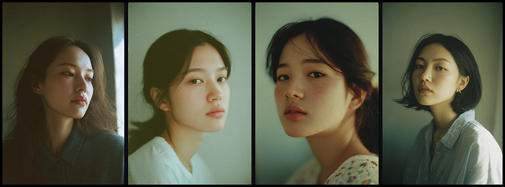 close-up portrait 구도에서 photographic 키워드와 analog film color response로 피부 질감과 자연광의 현실감이 강화된 P 코드 적용 이미지_Midjourney